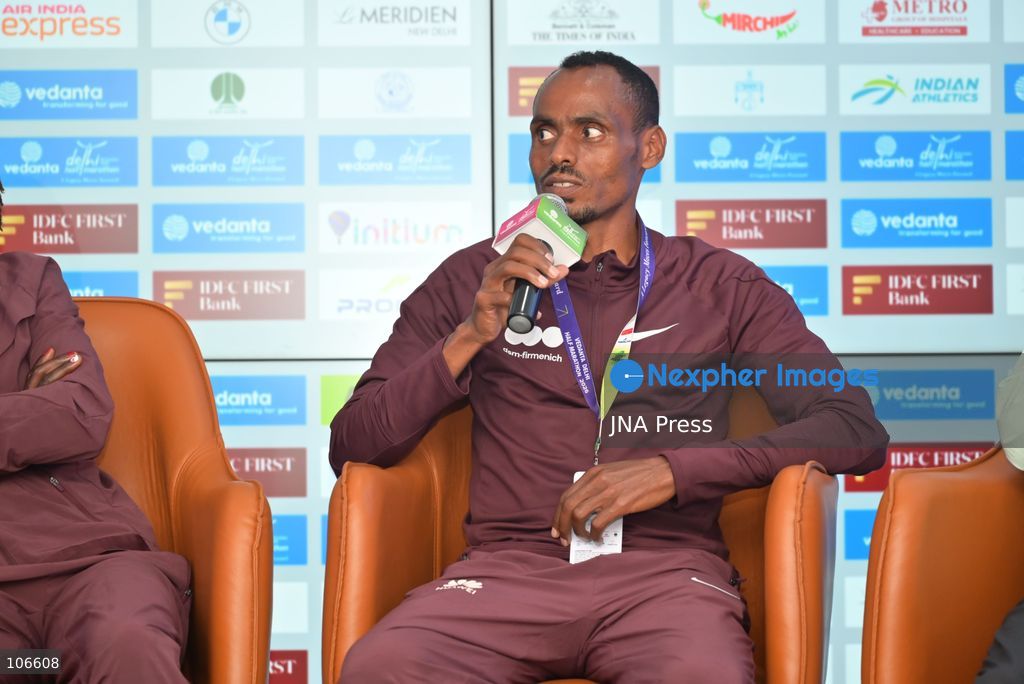 NEW DELHI, INDIA, OCTOBER 16, 2026: International and Indian elite runners attend a press conference at Jawaharlal Nehru Stadium ahead of the 21st Vedanta Delhi Half Marathon. Participants include Birhanu Legese, Charles Matata, Irine Cheptai, Lonah Chemtai Salpeter, Kiran Matre, Kartik Karkera, Lili Das and Ankita Dhyani. The race takes place on October 18. Photo by Vishal Kapoor / JNA Press (Photo by Vishal Kapoor/JNA Press via Nexpher Images)