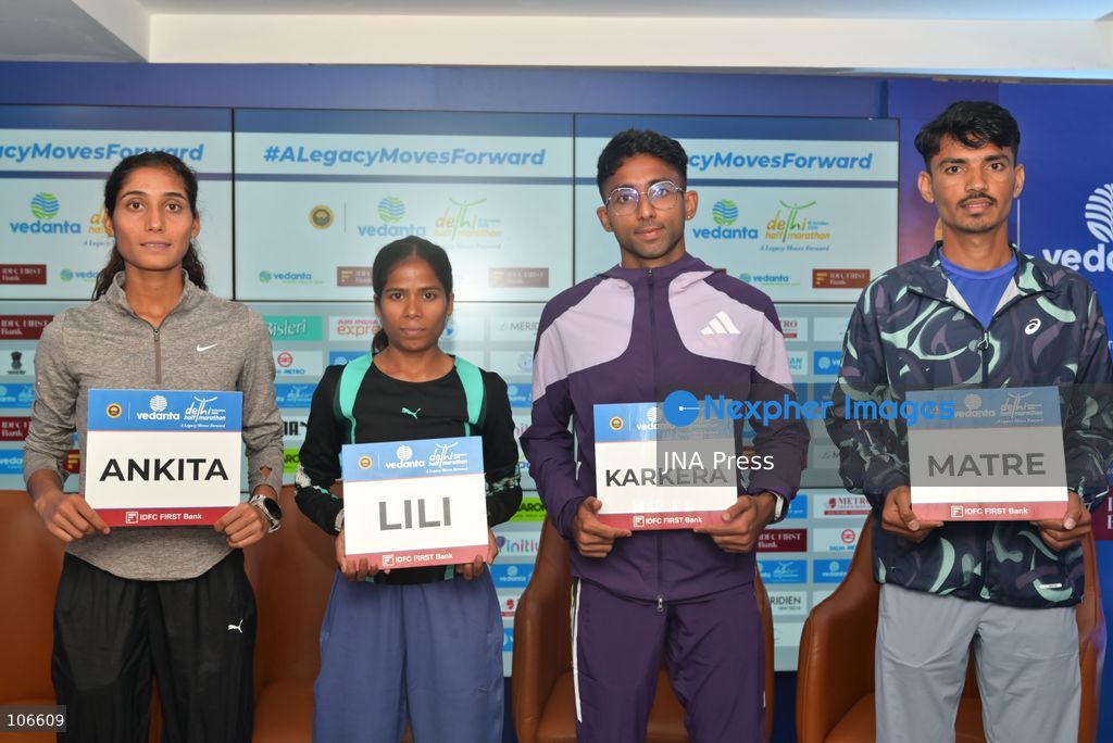 NEW DELHI, INDIA, OCTOBER 16, 2026: International and Indian elite runners attend a press conference at Jawaharlal Nehru Stadium ahead of the 21st Vedanta Delhi Half Marathon. Participants include Birhanu Legese, Charles Matata, Irine Cheptai, Lonah Chemtai Salpeter, Kiran Matre, Kartik Karkera, Lili Das and Ankita Dhyani. The race takes place on October 18. Photo by Vishal Kapoor / JNA Press (Photo by Vishal Kapoor/JNA Press via Nexpher Images)