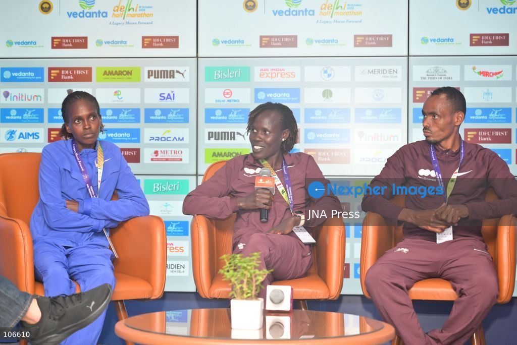 NEW DELHI, INDIA, OCTOBER 16, 2026: International and Indian elite runners attend a press conference at Jawaharlal Nehru Stadium ahead of the 21st Vedanta Delhi Half Marathon. Participants include Birhanu Legese, Charles Matata, Irine Cheptai, Lonah Chemtai Salpeter, Kiran Matre, Kartik Karkera, Lili Das and Ankita Dhyani. The race takes place on October 18. Photo by Vishal Kapoor / JNA Press (Photo by Vishal Kapoor/JNA Press via Nexpher Images)