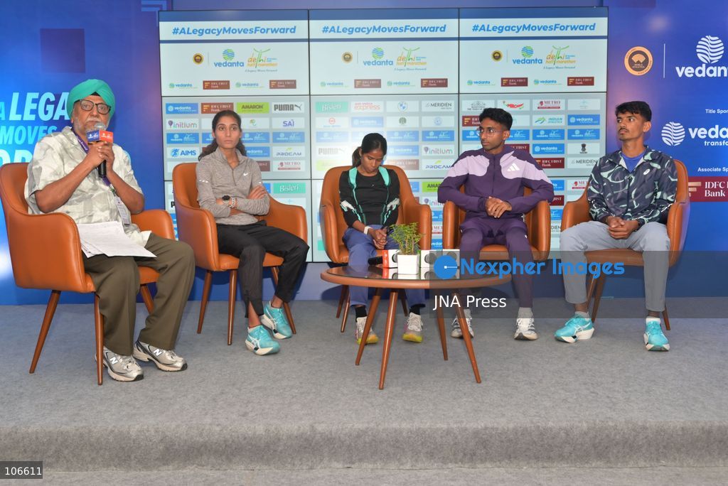 NEW DELHI, INDIA, OCTOBER 16, 2026: International and Indian elite runners attend a press conference at Jawaharlal Nehru Stadium ahead of the 21st Vedanta Delhi Half Marathon. Participants include Birhanu Legese, Charles Matata, Irine Cheptai, Lonah Chemtai Salpeter, Kiran Matre, Kartik Karkera, Lili Das and Ankita Dhyani. The race takes place on October 18. Photo by Vishal Kapoor / JNA Press (Photo by Vishal Kapoor/JNA Press via Nexpher Images)