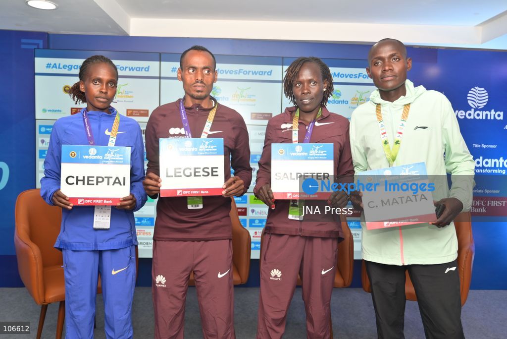 NEW DELHI, INDIA, OCTOBER 16, 2026: International and Indian elite runners attend a press conference at Jawaharlal Nehru Stadium ahead of the 21st Vedanta Delhi Half Marathon. Participants include Birhanu Legese, Charles Matata, Irine Cheptai, Lonah Chemtai Salpeter, Kiran Matre, Kartik Karkera, Lili Das and Ankita Dhyani. The race takes place on October 18. Photo by Vishal Kapoor / JNA Press (Photo by Vishal Kapoor/JNA Press via Nexpher Images)