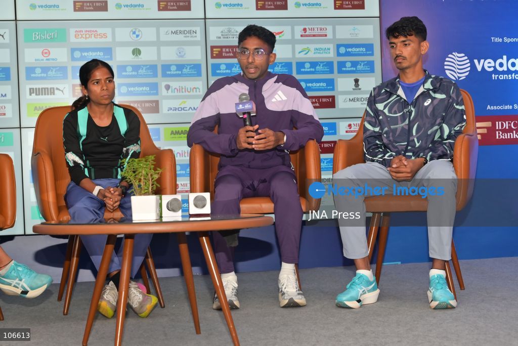 NEW DELHI, INDIA, OCTOBER 16, 2026: International and Indian elite runners attend a press conference at Jawaharlal Nehru Stadium ahead of the 21st Vedanta Delhi Half Marathon. Participants include Birhanu Legese, Charles Matata, Irine Cheptai, Lonah Chemtai Salpeter, Kiran Matre, Kartik Karkera, Lili Das and Ankita Dhyani. The race takes place on October 18. Photo by Vishal Kapoor / JNA Press (Photo by Vishal Kapoor/JNA Press via Nexpher Images)