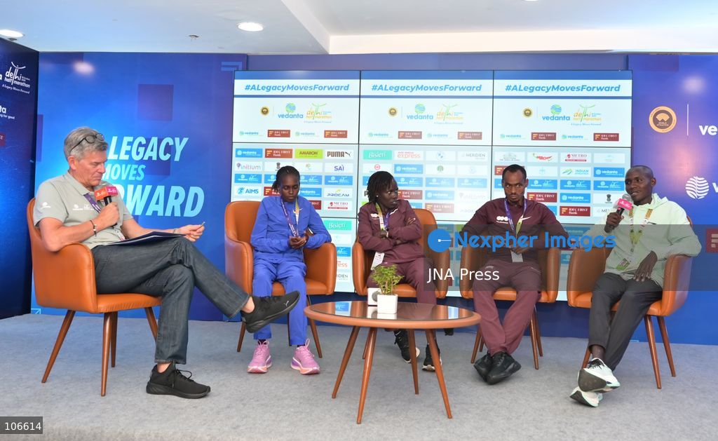 NEW DELHI, INDIA, OCTOBER 16, 2026: International and Indian elite runners attend a press conference at Jawaharlal Nehru Stadium ahead of the 21st Vedanta Delhi Half Marathon. Participants include Birhanu Legese, Charles Matata, Irine Cheptai, Lonah Chemtai Salpeter, Kiran Matre, Kartik Karkera, Lili Das and Ankita Dhyani. The race takes place on October 18. Photo by Vishal Kapoor / JNA Press (Photo by Vishal Kapoor/JNA Press via Nexpher Images)