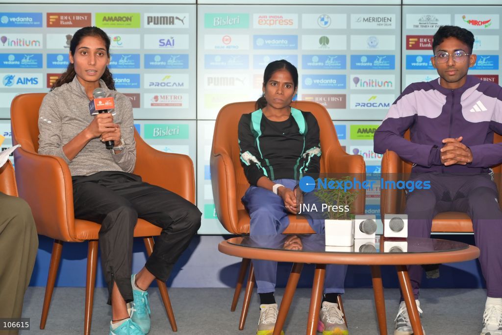 NEW DELHI, INDIA, OCTOBER 16, 2026: International and Indian elite runners attend a press conference at Jawaharlal Nehru Stadium ahead of the 21st Vedanta Delhi Half Marathon. Participants include Birhanu Legese, Charles Matata, Irine Cheptai, Lonah Chemtai Salpeter, Kiran Matre, Kartik Karkera, Lili Das and Ankita Dhyani. The race takes place on October 18. Photo by Vishal Kapoor / JNA Press (Photo by Vishal Kapoor/JNA Press via Nexpher Images)