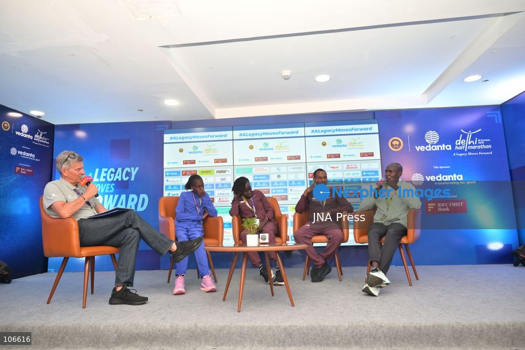 NEW DELHI, INDIA, OCTOBER 16, 2026: International and Indian elite runners attend a press conference at Jawaharlal Nehru Stadium ahead of the 21st Vedanta Delhi Half Marathon. Participants include Birhanu Legese, Charles Matata, Irine Cheptai, Lonah Chemtai Salpeter, Kiran Matre, Kartik Karkera, Lili Das and Ankita Dhyani. The race takes place on October 18. Photo by Vishal Kapoor / JNA Press (Photo by Vishal Kapoor/JNA Press via Nexpher Images)