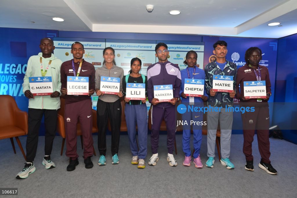 NEW DELHI, INDIA, OCTOBER 16, 2026: International and Indian elite runners attend a press conference at Jawaharlal Nehru Stadium ahead of the 21st Vedanta Delhi Half Marathon. Participants include Birhanu Legese, Charles Matata, Irine Cheptai, Lonah Chemtai Salpeter, Kiran Matre, Kartik Karkera, Lili Das and Ankita Dhyani. The race takes place on October 18. Photo by Vishal Kapoor / JNA Press (Photo by Vishal Kapoor/JNA Press via Nexpher Images)