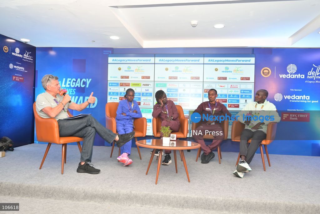 NEW DELHI, INDIA, OCTOBER 16, 2026: International and Indian elite runners attend a press conference at Jawaharlal Nehru Stadium ahead of the 21st Vedanta Delhi Half Marathon. Participants include Birhanu Legese, Charles Matata, Irine Cheptai, Lonah Chemtai Salpeter, Kiran Matre, Kartik Karkera, Lili Das and Ankita Dhyani. The race takes place on October 18. Photo by Vishal Kapoor / JNA Press (Photo by Vishal Kapoor/JNA Press via Nexpher Images)