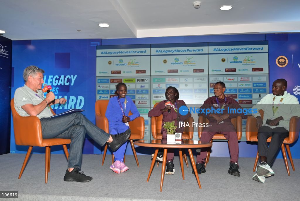 NEW DELHI, INDIA, OCTOBER 16, 2026: International and Indian elite runners attend a press conference at Jawaharlal Nehru Stadium ahead of the 21st Vedanta Delhi Half Marathon. Participants include Birhanu Legese, Charles Matata, Irine Cheptai, Lonah Chemtai Salpeter, Kiran Matre, Kartik Karkera, Lili Das and Ankita Dhyani. The race takes place on October 18. Photo by Vishal Kapoor / JNA Press (Photo by Vishal Kapoor/JNA Press via Nexpher Images)