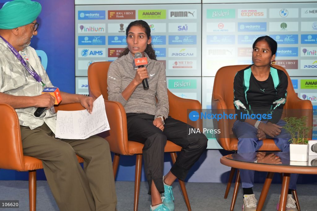 NEW DELHI, INDIA, OCTOBER 16, 2026: International and Indian elite runners attend a press conference at Jawaharlal Nehru Stadium ahead of the 21st Vedanta Delhi Half Marathon. Participants include Birhanu Legese, Charles Matata, Irine Cheptai, Lonah Chemtai Salpeter, Kiran Matre, Kartik Karkera, Lili Das and Ankita Dhyani. The race takes place on October 18. Photo by Vishal Kapoor / JNA Press (Photo by Vishal Kapoor/JNA Press via Nexpher Images)
