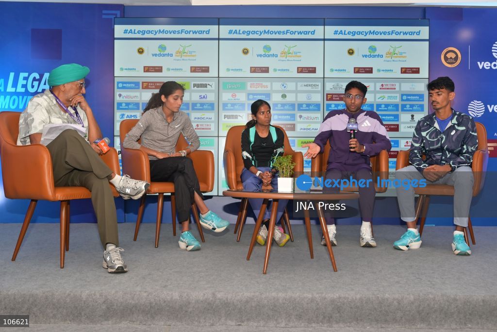NEW DELHI, INDIA, OCTOBER 16, 2026: International and Indian elite runners attend a press conference at Jawaharlal Nehru Stadium ahead of the 21st Vedanta Delhi Half Marathon. Participants include Birhanu Legese, Charles Matata, Irine Cheptai, Lonah Chemtai Salpeter, Kiran Matre, Kartik Karkera, Lili Das and Ankita Dhyani. The race takes place on October 18. Photo by Vishal Kapoor / JNA Press (Photo by Vishal Kapoor/JNA Press via Nexpher Images)