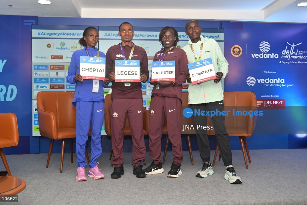 NEW DELHI, INDIA, OCTOBER 16, 2026: International and Indian elite runners attend a press conference at Jawaharlal Nehru Stadium ahead of the 21st Vedanta Delhi Half Marathon. Participants include Birhanu Legese, Charles Matata, Irine Cheptai, Lonah Chemtai Salpeter, Kiran Matre, Kartik Karkera, Lili Das and Ankita Dhyani. The race takes place on October 18. Photo by Vishal Kapoor / JNA Press (Photo by Vishal Kapoor/JNA Press via Nexpher Images)