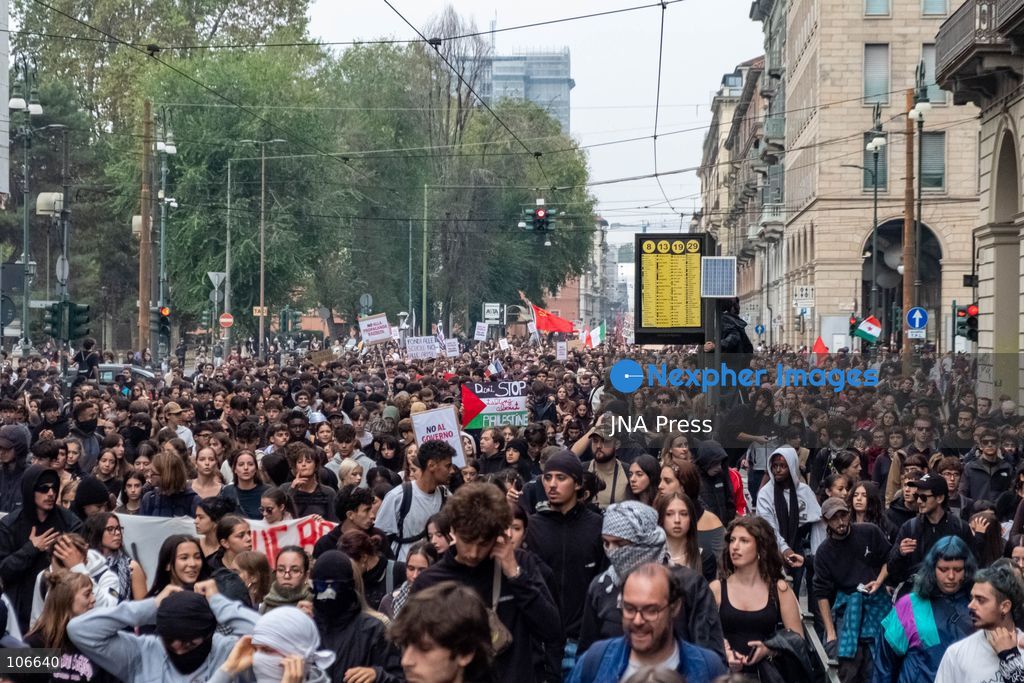 TURIN, ITALY, OCTOBER 16, 2026: Students demonstrate for improved school conditions and greater education funding following a wave of school occupations. Clashes erupt in Piazza Castello, where some demonstrators throw stones and police use water cannons, tear gas and baton charges. Teachers form human chains between students and officers during confrontations. The march ends at Palazzo Nuovo, part of the University of Turin. Photo by Camilla Baronetto / JNA Press. (Photo by Camilla Baronetto/JNA Press via Nexpher Images)