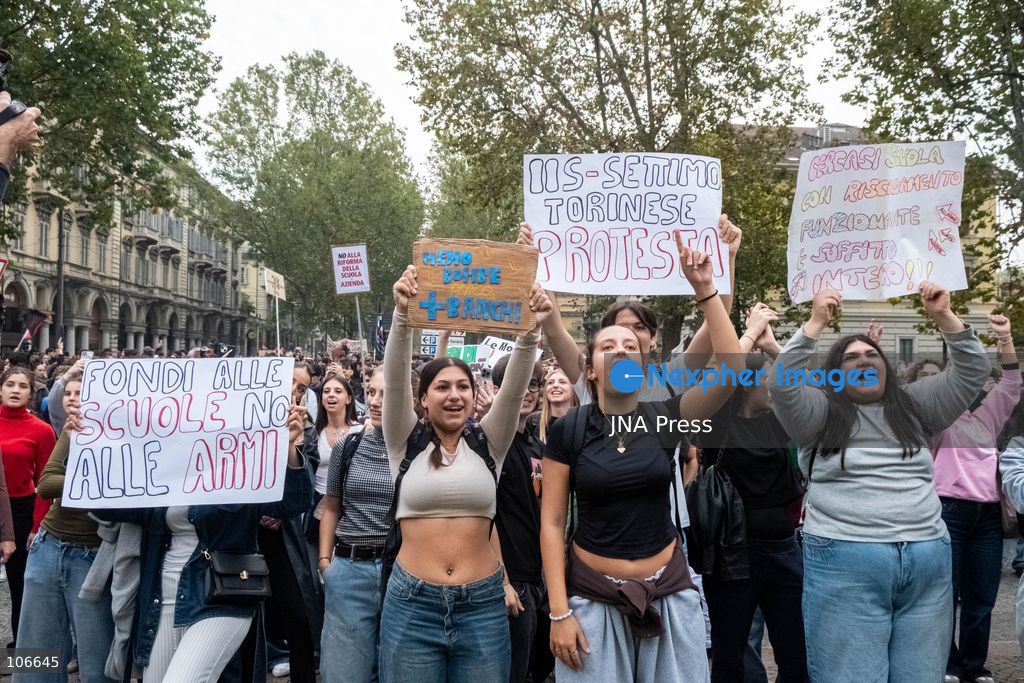 TURIN, ITALY, OCTOBER 16, 2026: Students demonstrate for improved school conditions and greater education funding following a wave of school occupations. Clashes erupt in Piazza Castello, where some demonstrators throw stones and police use water cannons, tear gas and baton charges. Teachers form human chains between students and officers during confrontations. The march ends at Palazzo Nuovo, part of the University of Turin. Photo by Camilla Baronetto / JNA Press. (Photo by Camilla Baronetto/JNA Press via Nexpher Images)