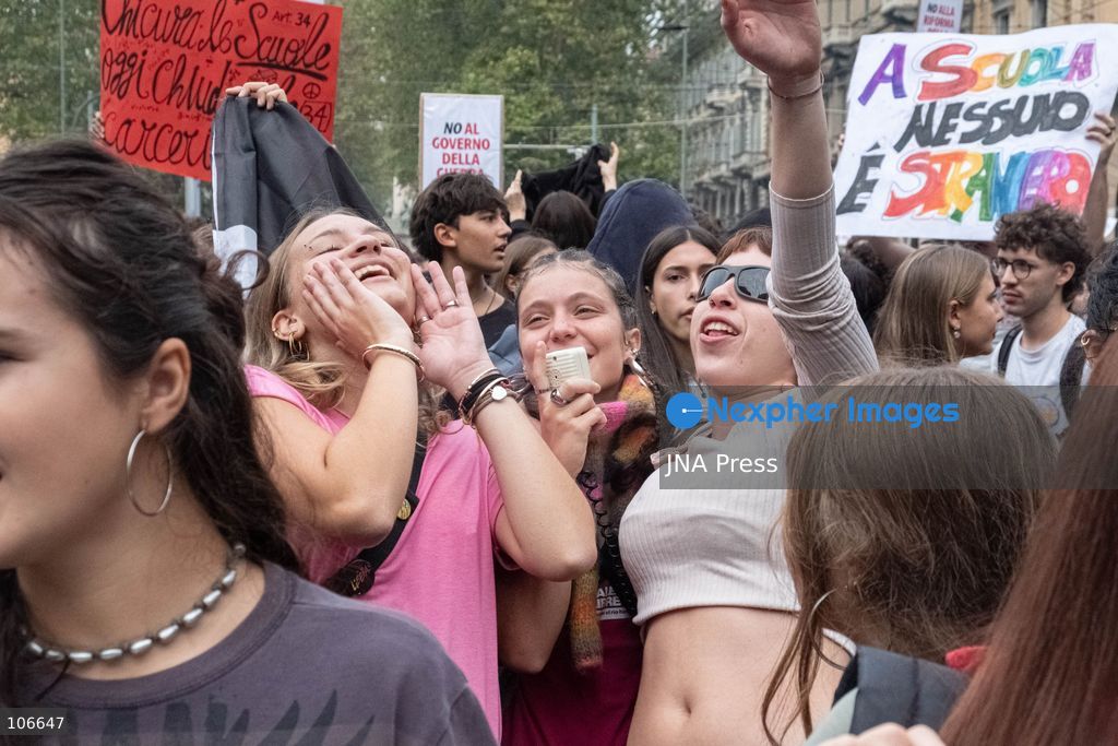TURIN, ITALY, OCTOBER 16, 2026: Students demonstrate for improved school conditions and greater education funding following a wave of school occupations. Clashes erupt in Piazza Castello, where some demonstrators throw stones and police use water cannons, tear gas and baton charges. Teachers form human chains between students and officers during confrontations. The march ends at Palazzo Nuovo, part of the University of Turin. Photo by Camilla Baronetto / JNA Press. (Photo by Camilla Baronetto/JNA Press via Nexpher Images)