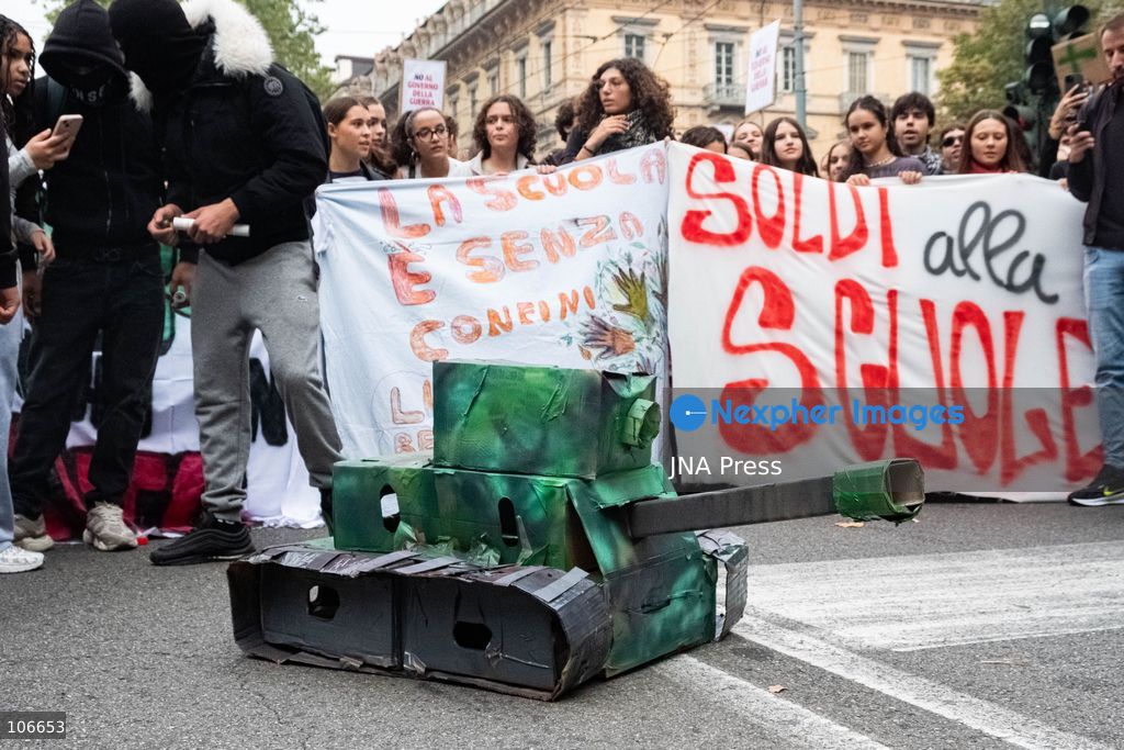 TURIN, ITALY, OCTOBER 16, 2026: Students demonstrate for improved school conditions and greater education funding following a wave of school occupations. Clashes erupt in Piazza Castello, where some demonstrators throw stones and police use water cannons, tear gas and baton charges. Teachers form human chains between students and officers during confrontations. The march ends at Palazzo Nuovo, part of the University of Turin. Photo by Camilla Baronetto / JNA Press. (Photo by Camilla Baronetto/JNA Press via Nexpher Images)