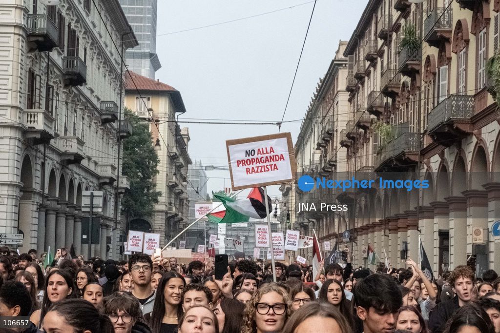 TURIN, ITALY, OCTOBER 16, 2026: Students demonstrate for improved school conditions and greater education funding following a wave of school occupations. Clashes erupt in Piazza Castello, where some demonstrators throw stones and police use water cannons, tear gas and baton charges. Teachers form human chains between students and officers during confrontations. The march ends at Palazzo Nuovo, part of the University of Turin. Photo by Camilla Baronetto / JNA Press. (Photo by Camilla Baronetto/JNA Press via Nexpher Images)