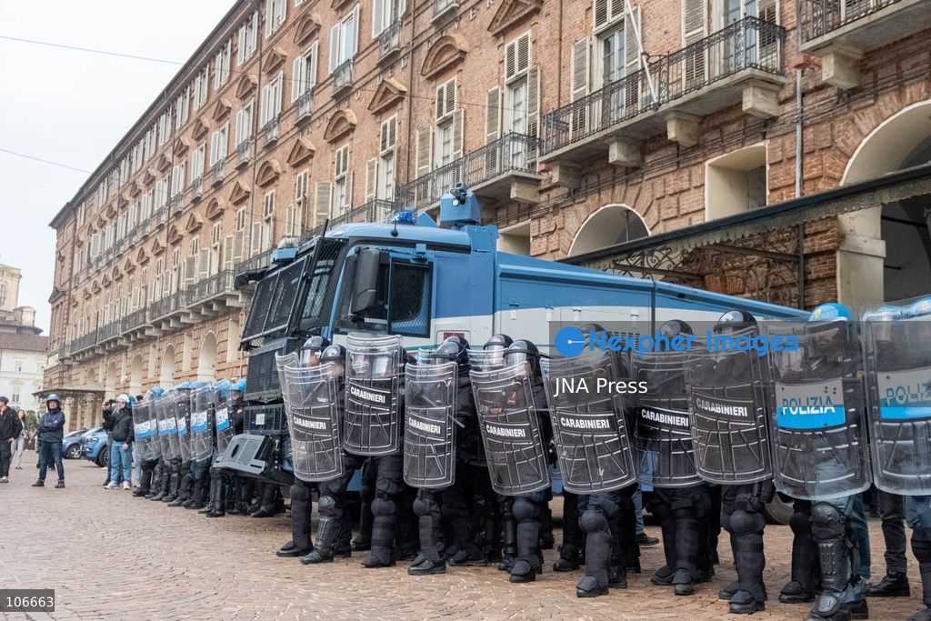 TURIN, ITALY, OCTOBER 16, 2026: Students demonstrate for improved school conditions and greater education funding following a wave of school occupations. Clashes erupt in Piazza Castello, where some demonstrators throw stones and police use water cannons, tear gas and baton charges. Teachers form human chains between students and officers during confrontations. The march ends at Palazzo Nuovo, part of the University of Turin. Photo by Camilla Baronetto / JNA Press. (Photo by Camilla Baronetto/JNA Press via Nexpher Images)