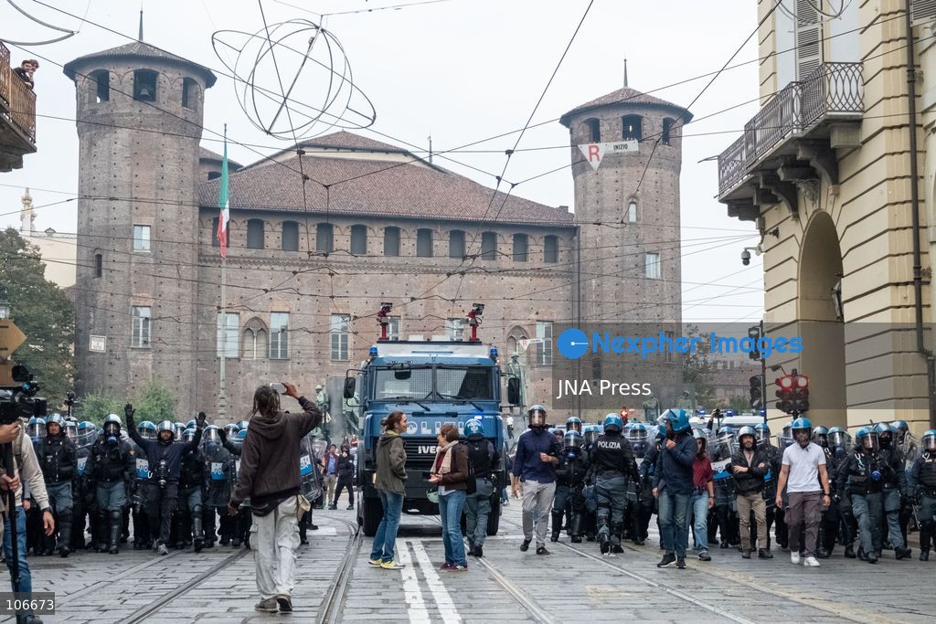 TURIN, ITALY, OCTOBER 16, 2026: Students demonstrate for improved school conditions and greater education funding following a wave of school occupations. Clashes erupt in Piazza Castello, where some demonstrators throw stones and police use water cannons, tear gas and baton charges. Teachers form human chains between students and officers during confrontations. The march ends at Palazzo Nuovo, part of the University of Turin. Photo by Camilla Baronetto / JNA Press. (Photo by Camilla Baronetto/JNA Press via Nexpher Images)