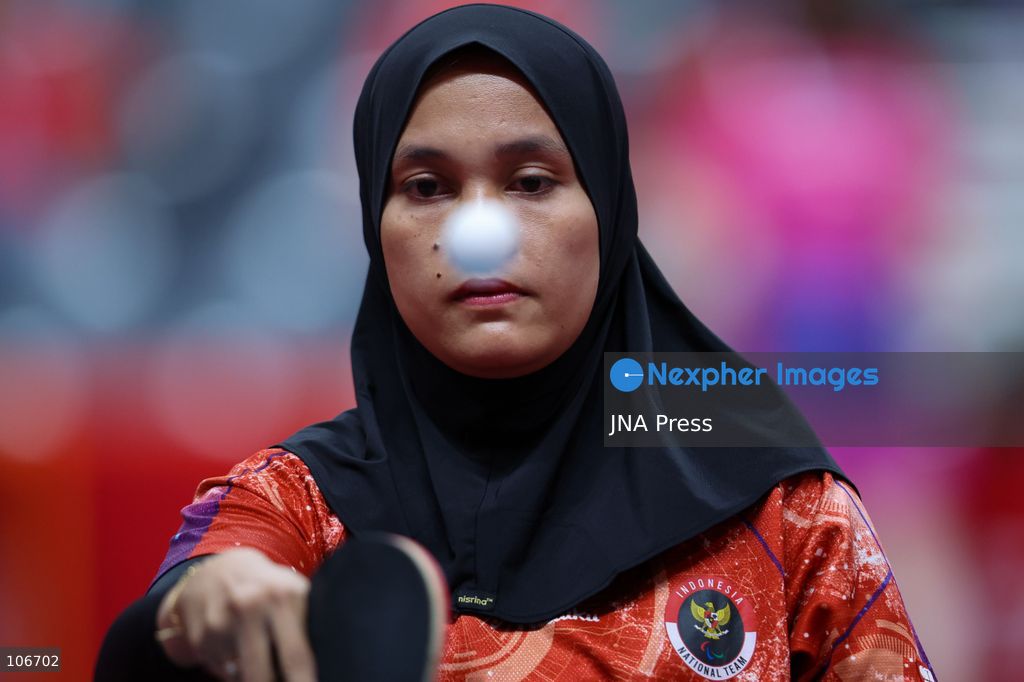 TOYOTA, JAPAN — OCTOBER 16, 2026: Indonesian para table tennis player Leli Marlina, competes against Cambodia's Saroung Sorn, who is not pictured, during the women's singles Class 4-5 group F match at the 5th Asian Para Games Aichi-Nagoya 2026 at Sky Hall Toyota, Japan, Friday, October 16, 2026. Leli Marlina won the match 11-4, 11-4, 11-5. Photo by Dwi Prasetya/JNA Press. (Photo by Dwi Prasetya/JNA Press via Nexpher Images)