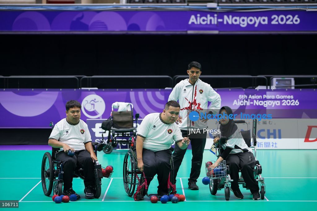 NAGOYA, JAPAN — OCTOBER 14, 2026: Indonesian boccia athletes Felix Ardi Yudha (from left to right), Muhammad Bintang Satria Herlangga, and Gischa Zayana attend an official training session for the 5th Asian Para Games Aichi-Nagoya 2026 at Nagoya City General Gymnasium, Japan, Wednesday, October 14, 2026. Boccia is contested by 92 athletes across 11 events. Photo by Dwi Prasetya/JNA Press. (Photo by Dwi Prasetya/JNA Press via Nexpher Images)