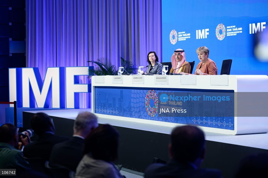 BANGKOK, THAILAND - OCTOBER 17, 2026: Chair of the International Monetary and Financial Committee (IMFC) and Saudi Minister of Finance Mohammed Aljadaan (C), and IMF Managing Director Kristalina Georgieva (R) hold a press briefing following the plenary session during the 2026 Annual Meetings of the International Monetary Fund (IMF) and the World Bank Group. Photo by Watsawat Koktabtim / JNA Press. (Photo by Watsawat "James" Koktabtim/JNA Press via Nexpher Images)