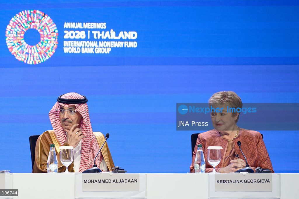 BANGKOK, THAILAND - OCTOBER 17, 2026: Chair of the International Monetary and Financial Committee (IMFC) and Saudi Minister of Finance Mohammed Aljadaan (L), and IMF Managing Director Kristalina Georgieva (R) hold a press briefing following the plenary session during the 2026 Annual Meetings of the International Monetary Fund (IMF) and the World Bank Group. Photo by Watsawat Koktabtim / JNA Press. (Photo by Watsawat "James" Koktabtim/JNA Press via Nexpher Images)