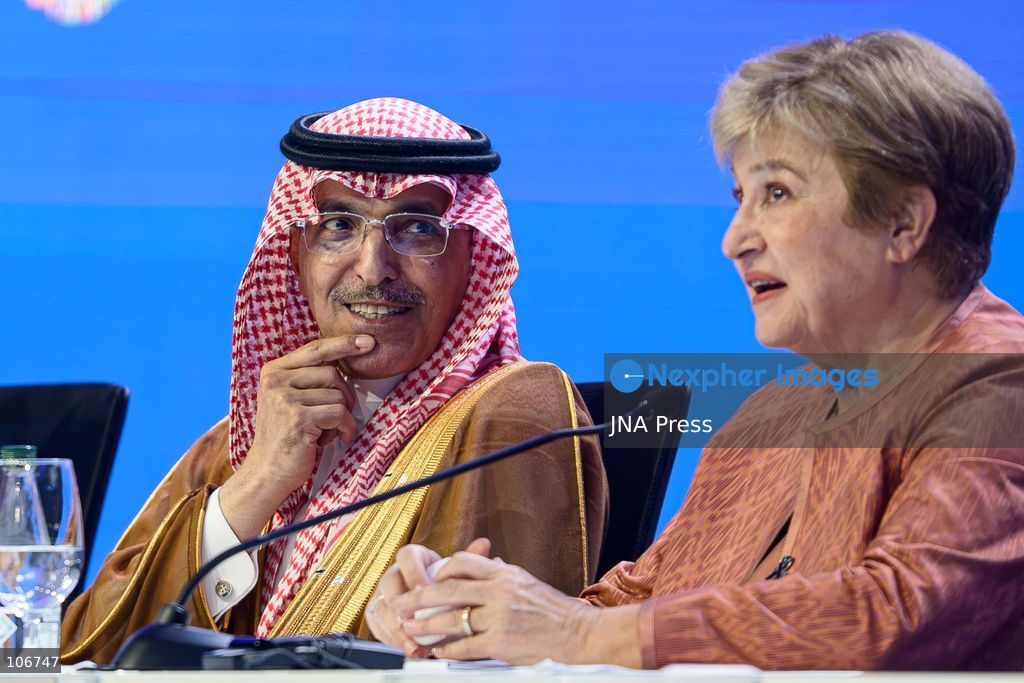 BANGKOK, THAILAND - OCTOBER 17, 2026: Chair of the International Monetary and Financial Committee (IMFC) and Saudi Minister of Finance Mohammed Aljadaan reacts as IMF Managing Director Kristalina Georgieva speaks during a press briefing following the plenary session during the 2026 Annual Meetings of the International Monetary Fund (IMF) and the World Bank Group. Photo by Watsawat Koktabtim / JNA Press. (Photo by Watsawat "James" Koktabtim/JNA Press via Nexpher Images)
