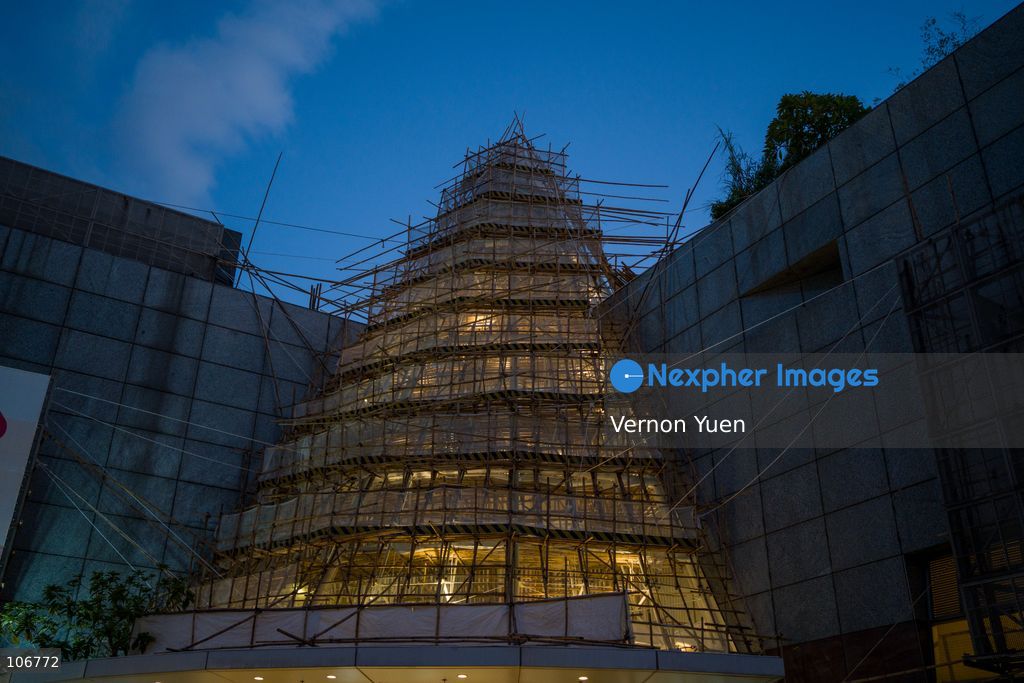 Bamboo scaffolding at an entrance of a shopping center on October 17, 2026 in Hong Kong. (Photo by Vernon Yuen/Nexpher Images)