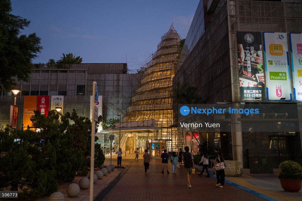 Bamboo scaffolding at an entrance of a shopping center on October 17, 2026 in Hong Kong. (Photo by Vernon Yuen/Nexpher Images)