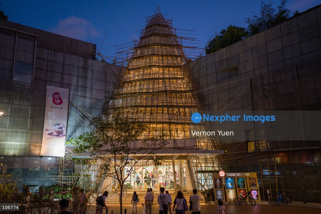 Bamboo scaffolding at an entrance of a shopping center on October 17, 2026 in Hong Kong. (Photo by Vernon Yuen/Nexpher Images)