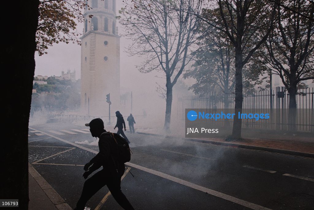 LYON, FRANCE, OCTOBER 17, 2026: Demonstrators clash with police at Place Bellecour in Lyon during nationwide protests against the high cost of living. Police use tear gas and a water cannon during the confrontations. A tourist information office on the square is ransacked and set on fire during the unrest. Photo by Julian Nelaj / JNA Press. (Photo by Julian Nelaj/JNA Press via Nexpher Images)