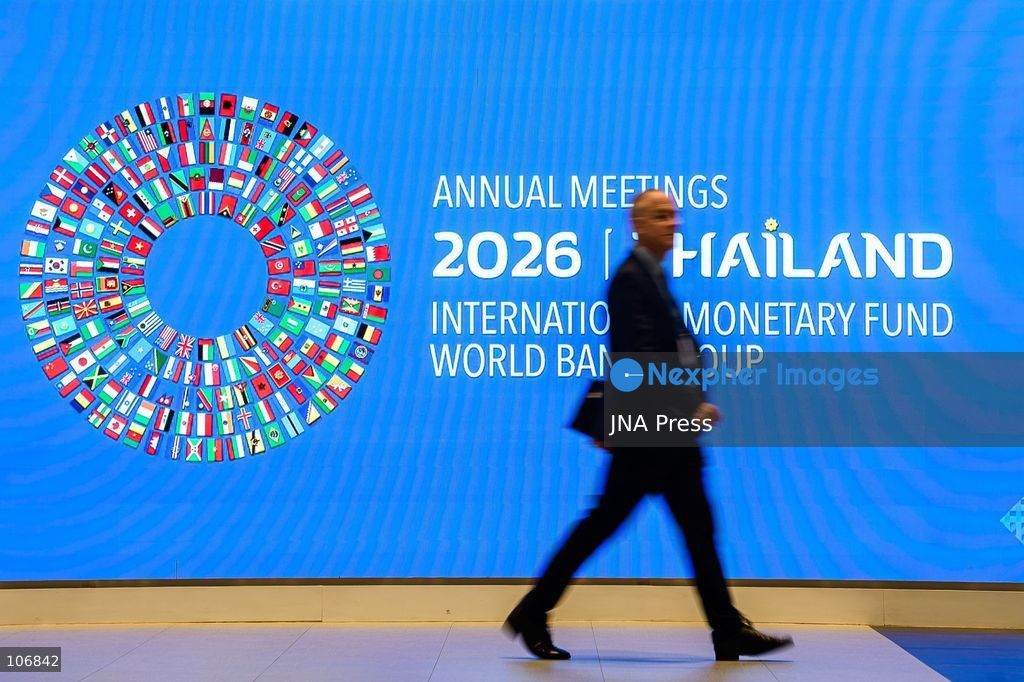 BANGKOK, THAILAND - OCTOBER 17, 2026: Displays highlighting the global economic outlook, geopolitical tensions affecting trade and energy supply, and investment in artificial intelligence and digital infrastructure are seen during the 2026 Annual Meetings of the International Monetary Fund (IMF) and the World Bank Group in Bangkok. As the meetings conclude, promotional displays also look ahead to the 2027 Spring Meetings, scheduled to take place in Washington, D.C., from April 12 to 18. Photo by Watsawat Koktabtim / JNA Press. (Photo by Watsawat "James" Koktabtim/JNA Press via Nexpher Images)
