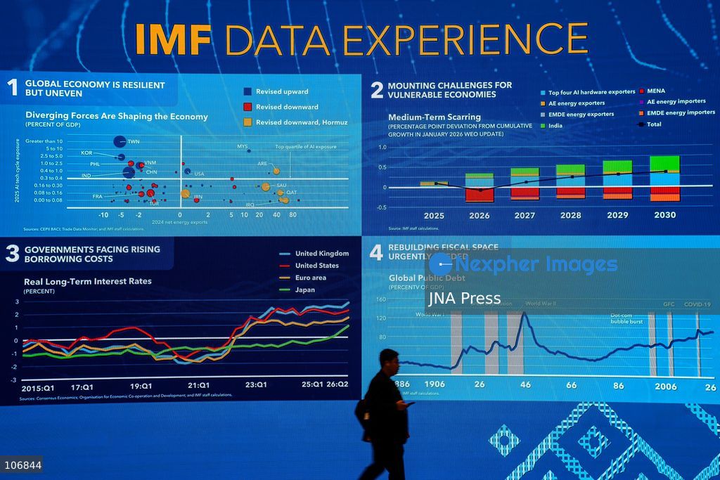 BANGKOK, THAILAND - OCTOBER 17, 2026: Displays highlighting the global economic outlook, geopolitical tensions affecting trade and energy supply, and investment in artificial intelligence and digital infrastructure are seen during the 2026 Annual Meetings of the International Monetary Fund (IMF) and the World Bank Group in Bangkok. As the meetings conclude, promotional displays also look ahead to the 2027 Spring Meetings, scheduled to take place in Washington, D.C., from April 12 to 18. Photo by Watsawat Koktabtim / JNA Press. (Photo by Watsawat "James" Koktabtim/JNA Press via Nexpher Images)