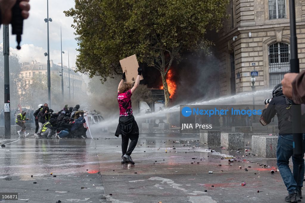 PARIS, FRANCE, OCTOBER 17, 2026: Demonstrators clash with riot police around Place de la République during protests involving high school students, Yellow Vest activists and other groups over education conditions and the high cost of living. Police use tear gas and water cannons during the confrontations. Photo by Camilla Baronetto / JNA Press. (Photo by Camilla Baronetto/JNA Press via Nexpher Images)