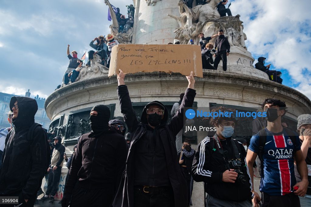 PARIS, FRANCE, OCTOBER 17, 2026: Demonstrators clash with riot police around Place de la République during protests involving high school students, Yellow Vest activists and other groups over education conditions and the high cost of living. Police use tear gas and water cannons during the confrontations. Photo by Camilla Baronetto / JNA Press. (Photo by Camilla Baronetto/JNA Press via Nexpher Images)