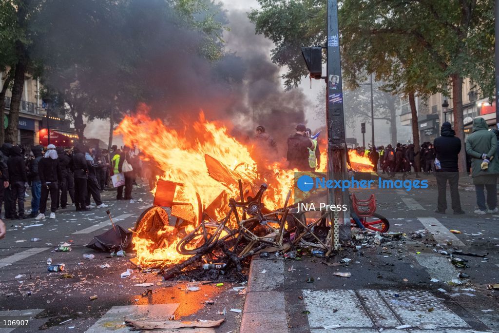 PARIS, FRANCE, OCTOBER 17, 2026: Demonstrators clash with riot police around Place de la République during protests involving high school students, Yellow Vest activists and other groups over education conditions and the high cost of living. Police use tear gas and water cannons during the confrontations. Photo by Camilla Baronetto / JNA Press. (Photo by Camilla Baronetto/JNA Press via Nexpher Images)