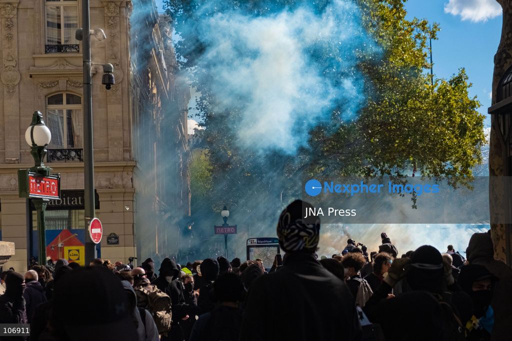 PARIS, FRANCE, OCTOBER 17, 2026: Demonstrators clash with riot police around Place de la République during protests involving high school students, Yellow Vest activists and other groups over education conditions and the high cost of living. Police use tear gas and water cannons during the confrontations. Photo by Camilla Baronetto / JNA Press. (Photo by Camilla Baronetto/JNA Press via Nexpher Images)