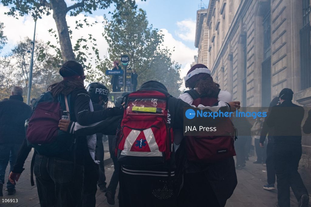 PARIS, FRANCE, OCTOBER 17, 2026: Demonstrators clash with riot police around Place de la République during protests involving high school students, Yellow Vest activists and other groups over education conditions and the high cost of living. Police use tear gas and water cannons during the confrontations. Photo by Camilla Baronetto / JNA Press. (Photo by Camilla Baronetto/JNA Press via Nexpher Images)