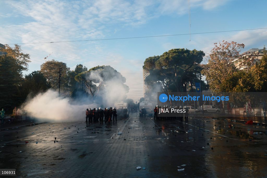 TIRANA, ALBANIA, OCTOBER 17, 2026: Demonstrators clash with riot police near the Prime Minister’s Office during student-led anti-government protests in central Tirana. Protesters throw stones and pyrotechnics, while police use tear gas, water cannons and rubber bullets. Fires break out at the High Court and the entrance to a Bank of Albania building as unrest continues for a fifth consecutive day. Demonstrators demand better university conditions and the resignation of Prime Minister Edi Rama. Photo by Vlasov Sulaj / JNA Press. (Photo by Vlasov Sulaj/JNA Press via Nexpher Images)