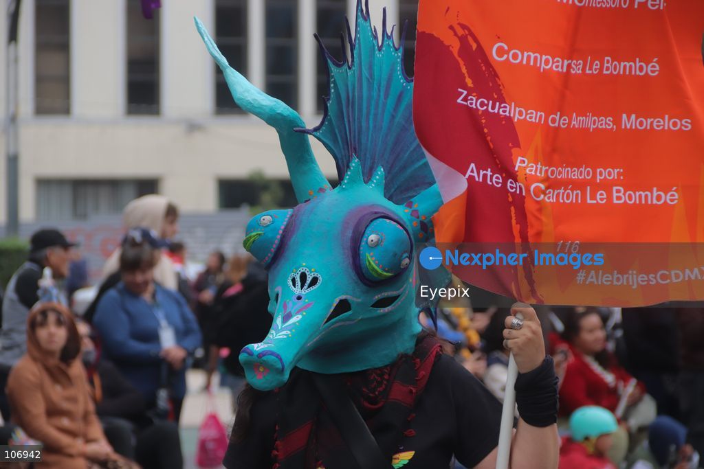 A giant, brightly colored fantastical folk-art sculpture crafted from papier-mâché, wood, and cardboard known as an "alebrije" is paraded down Paseo de la Reforma avenue during the 18th Monumental Alebrijes Parade. on October 17, 2026 in Mexico City, Mexico. (Photo by Carlos Santiago/ Eyepix Group) (Photo by Carlos Santiago/ Eyepix Group/Eyepix via Nexpher Images)