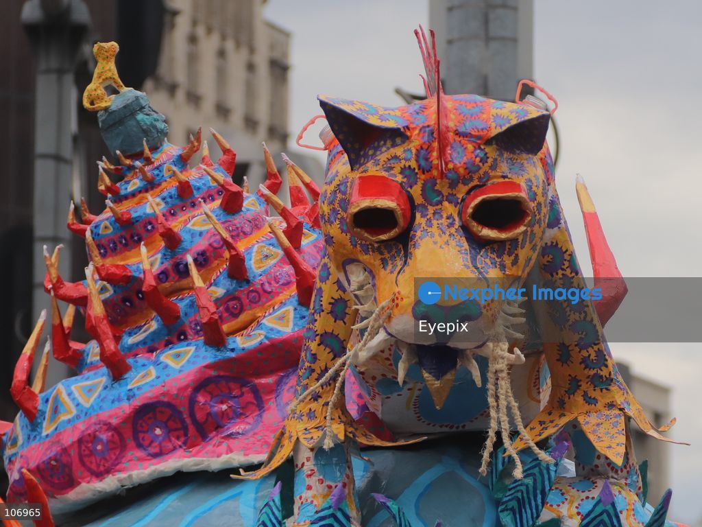 A giant, brightly colored fantastical folk-art sculpture crafted from papier-mâché, wood, and cardboard known as an "alebrije" is paraded down Paseo de la Reforma avenue during the 18th Monumental Alebrijes Parade. on October 17, 2026 in Mexico City, Mexico. (Photo by Carlos Santiago/ Eyepix Group) (Photo by Carlos Santiago/ Eyepix Group/Eyepix via Nexpher Images)