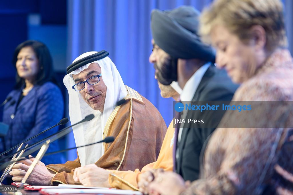 BANGKOK, THAILAND - OCTOBER 18, 2026: (FROM LEFT TO RIGHT) Central Bank of the UAE Governor Khaled Mohamed Balama speaks as UAE Minister of State for Financial Affairs Mohamed bin Hadi Al Hussaini, World Bank Group President Ajay Banga and International Monetary Fund (IMF) Managing Director Kristalina Georgieva take part in a signing ceremony for the UAE to host the 2029 Annual Meetings of the IMF and the World Bank Group in Abu Dhabi, at the Queen Sirikit National Convention Center (QSNCC) in Bangkok during the 2026 Annual Meetings. (Photo by Watsawat "James" Koktabtim/JNA Press via Nexpher Images)