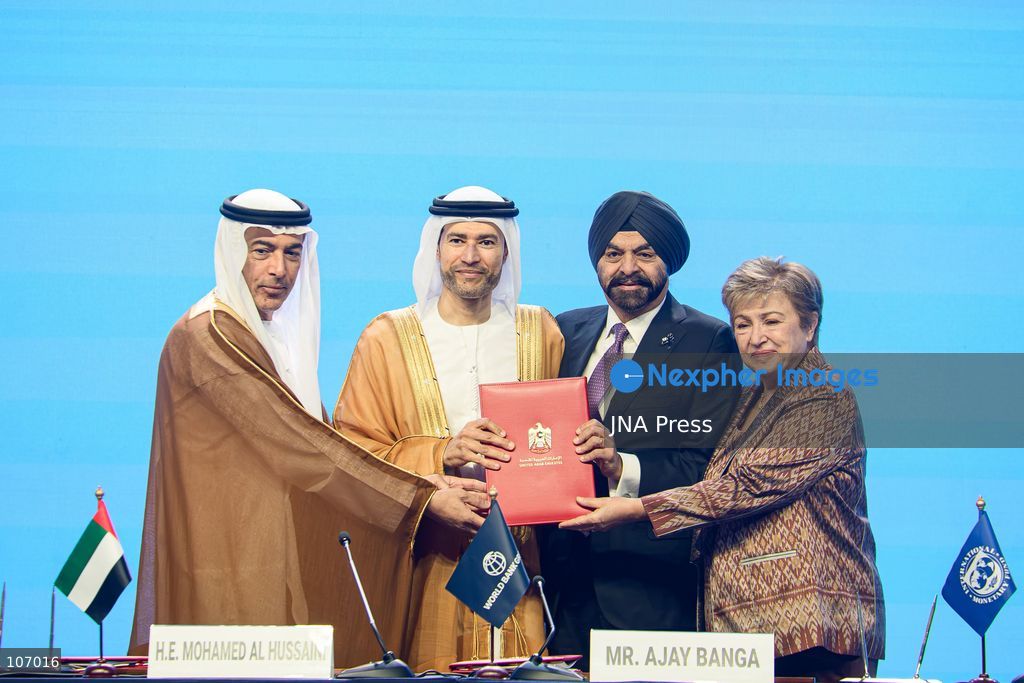 BANGKOK, THAILAND - OCTOBER 18, 2026: (FROM LEFT TO RIGHT) Central Bank of the UAE Governor Khaled Mohamed Balama, UAE Minister of State for Financial Affairs Mohamed bin Hadi Al Hussaini, World Bank Group President Ajay Banga and International Monetary Fund (IMF) Managing Director Kristalina Georgieva take part in a signing ceremony for the UAE to host the 2029 Annual Meetings of the IMF and the World Bank Group in Abu Dhabi, at the Queen Sirikit National Convention Center (QSNCC) in Bangkok during the 2026 Annual Meetings. (Photo by Watsawat "James" Koktabtim/JNA Press via Nexpher Images)
