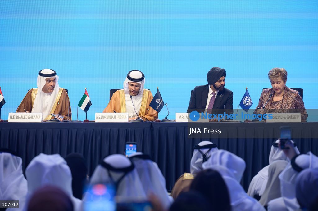 BANGKOK, THAILAND - OCTOBER 18, 2026: (FROM LEFT TO RIGHT) Central Bank of the UAE Governor Khaled Mohamed Balama, UAE Minister of State for Financial Affairs Mohamed bin Hadi Al Hussaini, World Bank Group President Ajay Banga and International Monetary Fund (IMF) Managing Director Kristalina Georgieva take part in a signing ceremony for the UAE to host the 2029 Annual Meetings of the IMF and the World Bank Group in Abu Dhabi, at the Queen Sirikit National Convention Center (QSNCC) in Bangkok during the 2026 Annual Meetings. (Photo by Watsawat "James" Koktabtim/JNA Press via Nexpher Images)