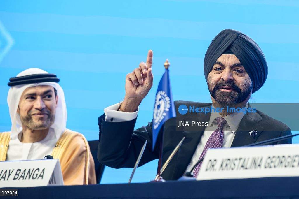 BANGKOK, THAILAND - OCTOBER 18, 2026: World Bank Group President Ajay Banga (R) speaks as UAE Minister of State for Financial Affairs Mohamed bin Hadi Al Hussaini (L) looks on during a signing ceremony for the UAE to host the 2029 Annual Meetings of the IMF and the World Bank Group in Abu Dhabi, at the QSNCC in Bangkok during the 2026 Annual Meetings. (Photo by Watsawat "James" Koktabtim/JNA Press via Nexpher Images)