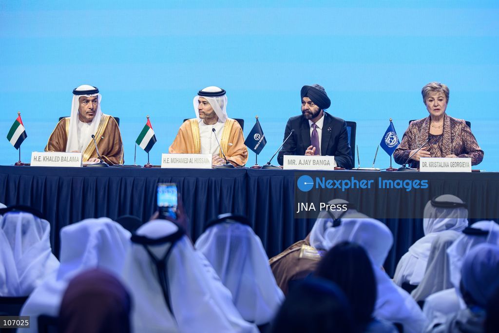 BANGKOK, THAILAND - OCTOBER 18, 2026: (FROM LEFT TO RIGHT) Central Bank of the UAE Governor Khaled Mohamed Balama, UAE Minister of State for Financial Affairs Mohamed bin Hadi Al Hussaini, World Bank Group President Ajay Banga and International Monetary Fund (IMF) Managing Director Kristalina Georgieva take part in a signing ceremony for the UAE to host the 2029 Annual Meetings of the IMF and the World Bank Group in Abu Dhabi, at the Queen Sirikit National Convention Center (QSNCC) in Bangkok during the 2026 Annual Meetings. (Photo by Watsawat "James" Koktabtim/JNA Press via Nexpher Images)