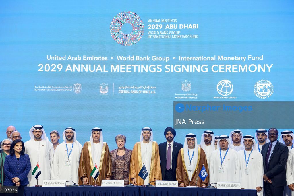 BANGKOK, THAILAND - OCTOBER 18, 2026: Central Bank of the UAE Governor Khaled Mohamed Balama, UAE Minister of State for Financial Affairs Mohamed bin Hadi Al Hussaini, World Bank Group President Ajay Banga and International Monetary Fund (IMF) Managing Director Kristalina Georgieva pose for a group photo during a signing ceremony for the UAE to host the 2029 Annual Meetings of the IMF and the World Bank Group in Abu Dhabi, at the Queen Sirikit National Convention Center (QSNCC) in Bangkok during the 2026 Annual Meetings. (Photo by Watsawat "James" Koktabtim/JNA Press via Nexpher Images)