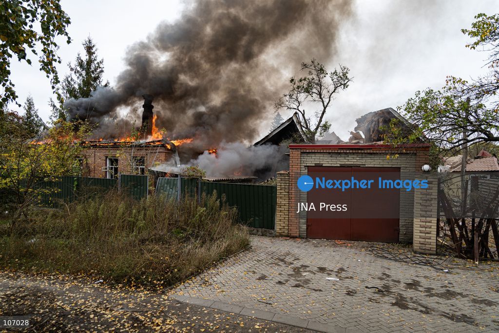 SLOVIANSK, UKRAINE, OCTOBER 17, 2026: Firefighters tackle a blaze at a residential house damaged by a Russian airstrike in Sloviansk, Donetsk region. The strike set the building’s remaining structures on fire. (Photo by Andrew Cling/JNA Press via Nexpher Images)