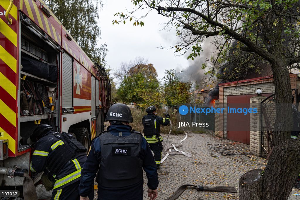 SLOVIANSK, UKRAINE, OCTOBER 17, 2026: Firefighters tackle a blaze at a residential house damaged by a Russian airstrike in Sloviansk, Donetsk region. The strike set the building’s remaining structures on fire. (Photo by Andrew Cling/JNA Press via Nexpher Images)