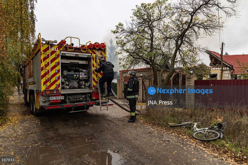 SLOVIANSK, UKRAINE, OCTOBER 17, 2026: Firefighters tackle a blaze at a residential house damaged by a Russian airstrike in Sloviansk, Donetsk region. The strike set the building’s remaining structures on fire. (Photo by Andrew Cling/JNA Press via Nexpher Images)